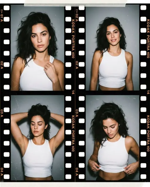 A photorealistic editorial-style portrait composed as a four-frame grid, resembl...
