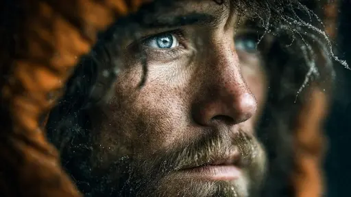{ "Objective": "Create an intense cinematic close-up portrait conveying survival...