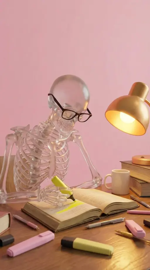 Create a high-quality stylized 3D render of a clear, translucent glass skeleton...