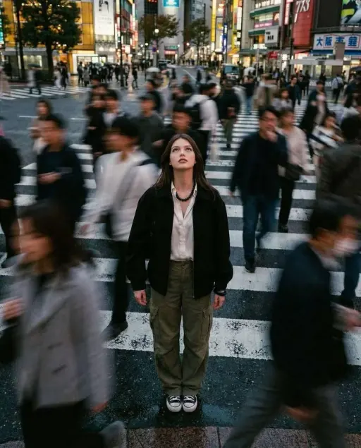 Cinematic street photography capturing a moment in motion with a crowd blur effe...