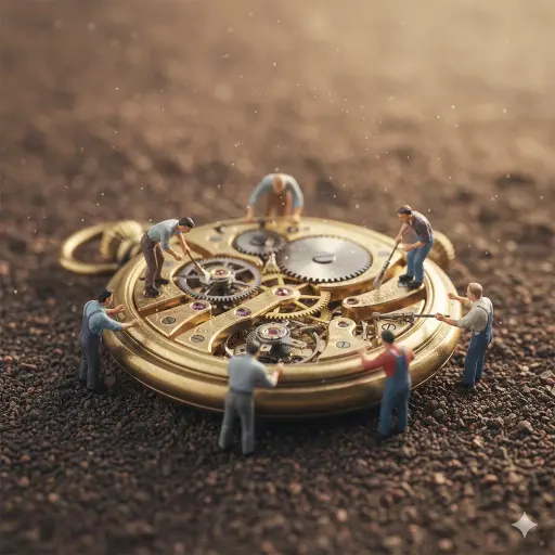 { "prompt": "Ultra-realistic macro scene depicting tiny restoration workers coll...
