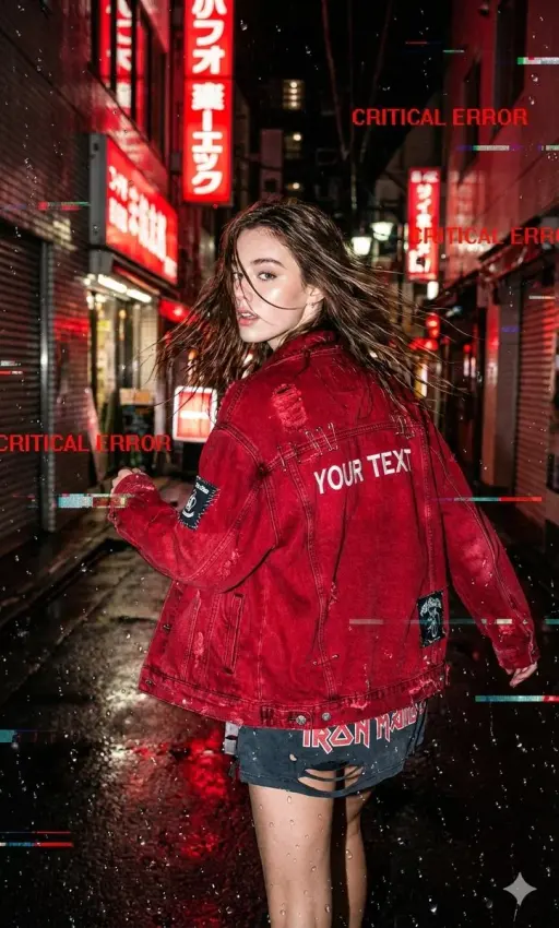 A raw, candid street-style shot of reference running through a rain-soaked Neo-T...