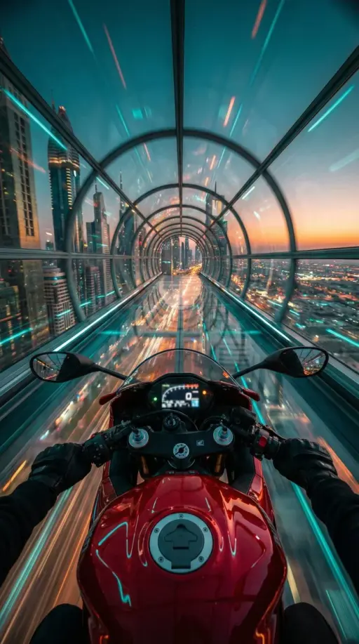 "Red futuristic sport motorcycle (POV perspective)", "visible_elements": "Glossy...