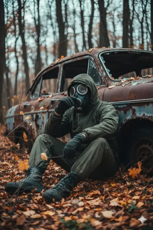 A cinematic, ultra realistic post apocalyptic scene of a lone survivor sitting o...