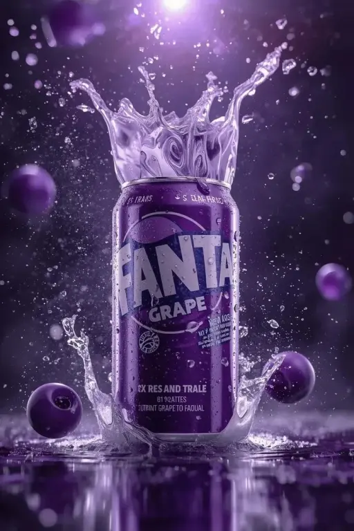 Motion settles into a striking hero shot: can centered, purple liquid frozen in...
