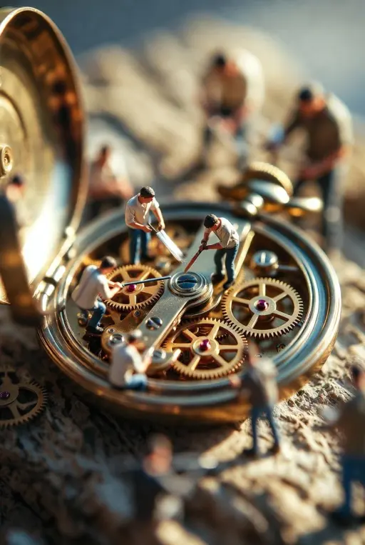 Ultra-realistic macro scene depicting tiny restoration workers collaboratively r...