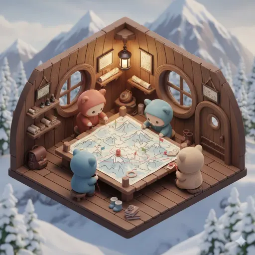 { "prompt": "Isometric 3D kawaii scene of chibi baby bears designing a mountain...