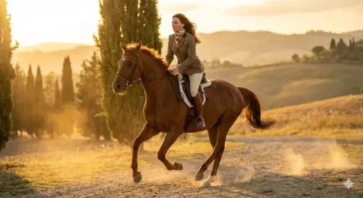 24-year-old female equestrian model riding a galloping chestnut horse, Hermès-in...