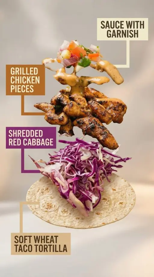 A high-end commercial food photograph of the same two tacos from the reference i...
