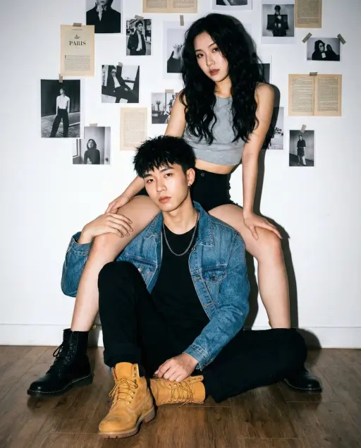 "Young Asian couple, cool/edgy fashion models.", "female_hair": "Long, black, na...