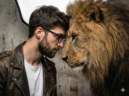A gritty, intense portrait of a man, a friend of real lion, captured in a raw, h...