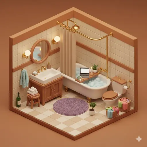 { "prompt": "cute cozy isometric 3D miniature bathroom diorama, warm cozy aesthe...