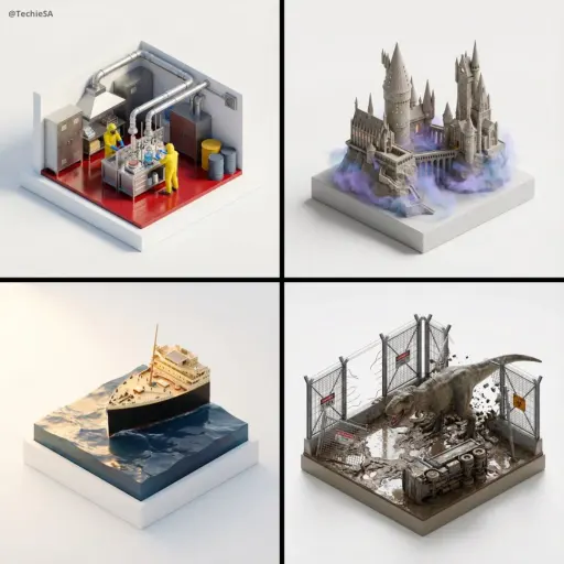 Stylized, ultra high-fidelity 3D isometric miniature diorama, 35–40° isometric v...