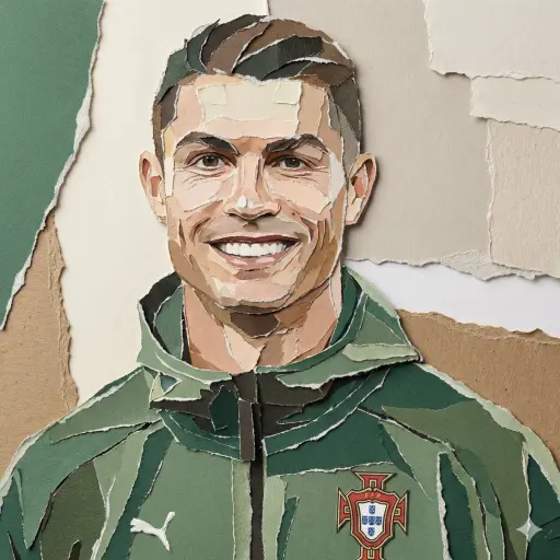 Create a realistic torn paper collage portrait of the subject, constructed entir...