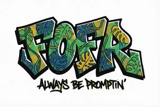 The word fofr as aggressive hard-edge graffiti with a monstera leaf motif, beaut...