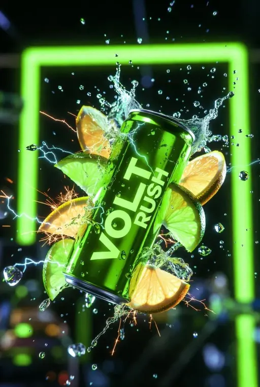 울트라 시네마틱 제품 사진, 네온 그린 에너지 드링크 캔 "VOLT RUSH", 날카로운 대각선 각도로 기울어져 있으며, 빛나는 감귤 조각과 전...