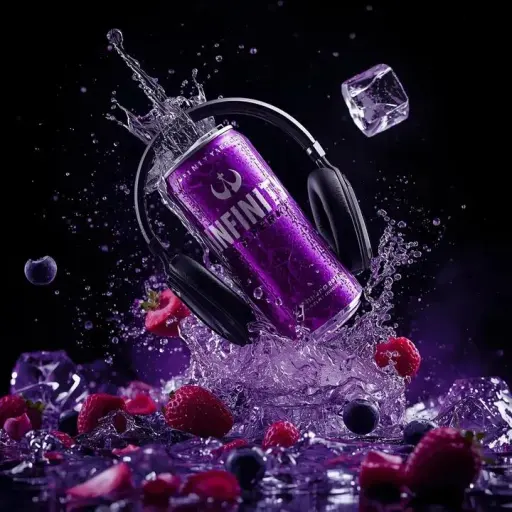 Ultra-cinematografica fotografia di prodotto di una lattina di energy drink viol...