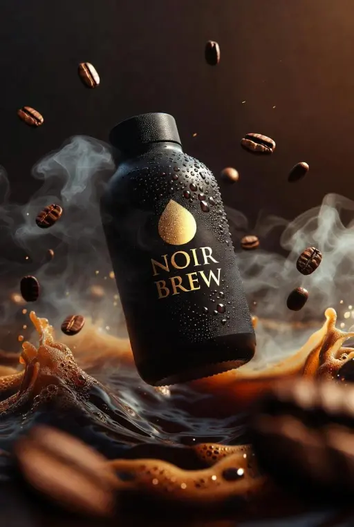 Ultra-cinematografica bottiglia di caffè premium etichettata "NOIR BREW", vetro...