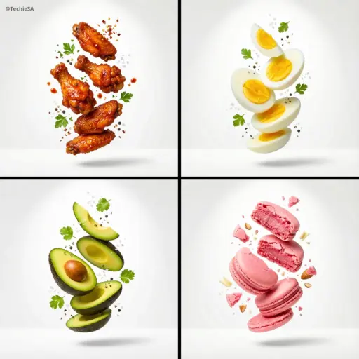 [subject], pubblicità alimentare premium, sfondo bianco seamless, illuminazione...