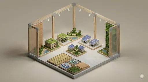 Un diorama 3D isometrico pulito e minimalista di un [EXHIBITION TYPE], con [DISP...