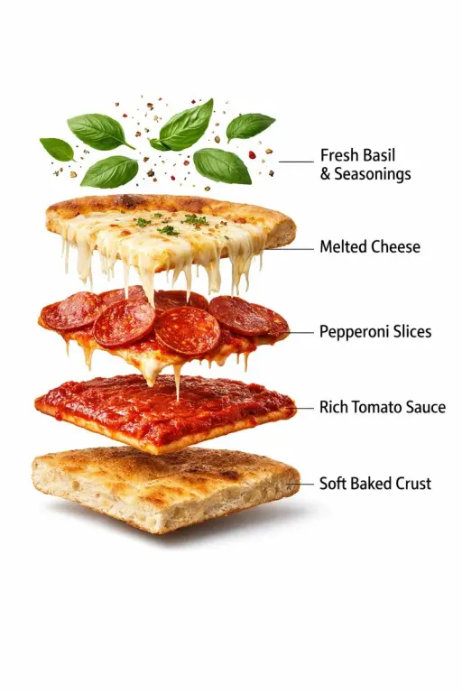 Ultra-realistica fetta di pizza al peperoni completamente assemblata, formaggio...