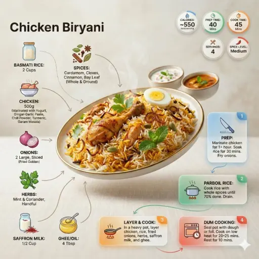 Infografica ricetta moderna ultra-pulita. Mostra il biryani in una forma finita...