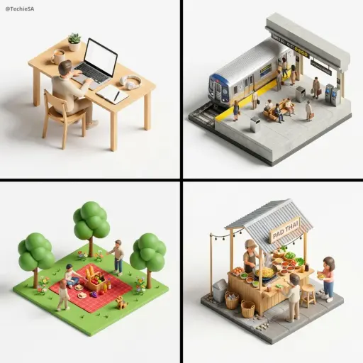 Crea un diorama 3D in miniatura isometrico dall'alto a 45° di [SCENE], includend...