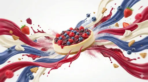 Composizione dinamica a ondate di sapore di [FOOD], con nastri di energia colora...