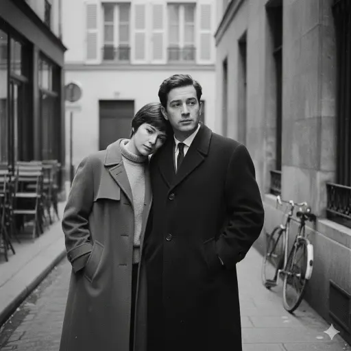 Una scena minimalista di amanti in stile Nouvelle Vague francese, in bianco e ne...