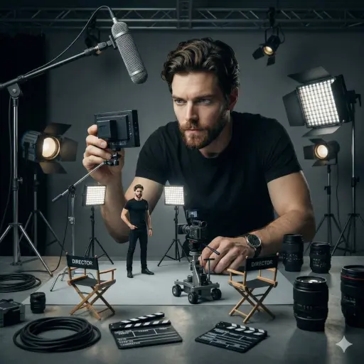 Scena cinematografica ultra-realistica in studio di una donna che supervisiona u...