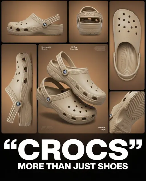 Manifesto collage di prodotto multi-immagine con zoccoli Crocs beige/tan, proget...