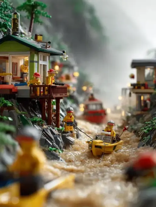 Scena di salvataggio in caso di inondazione su montagna LEGO, pioggia torrenzial...