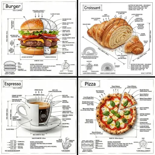 { "items": [ { "prompt": "Crea un'immagine infografica di [FOOD], combinando una...