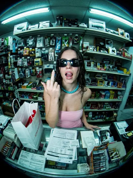 { "image_description": { "title": "Surveillance Feed: Defiant Subject in Retail...