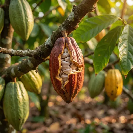 Scatto commerciale realistico di alta qualità di una piantagione di cacao in ori...