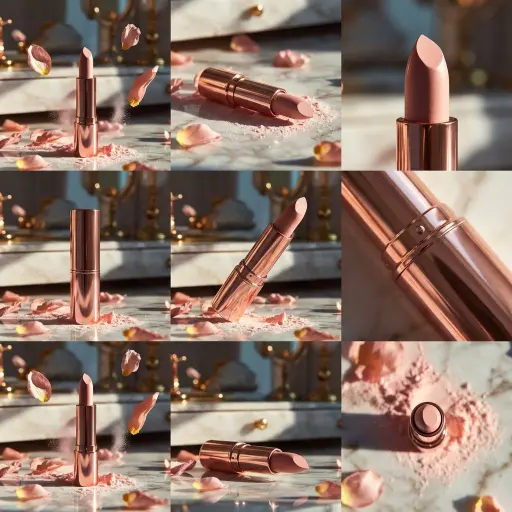Elegante rossetto color rosa-oro in posizione verticale su una superficie di mar...