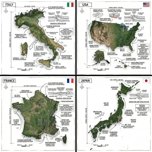 Crea un'immagine infografica di [COUNTRY], combinando una fotografia realistica...