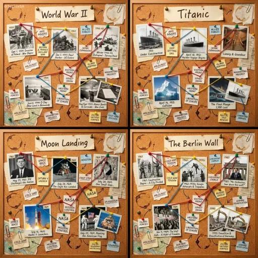 1080x1080 layout di bacheca in sughero che racconta la storia di [HISTORICAL MOM...