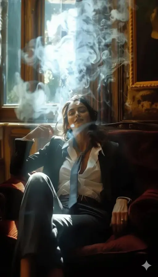 Un ritratto cinematografico ad alta definizione di una donna sofisticata seduta...