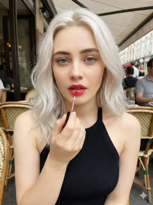 { "prompt": "Ritratto di bellezza in un caffè all'aperto, giovane donna con cape...