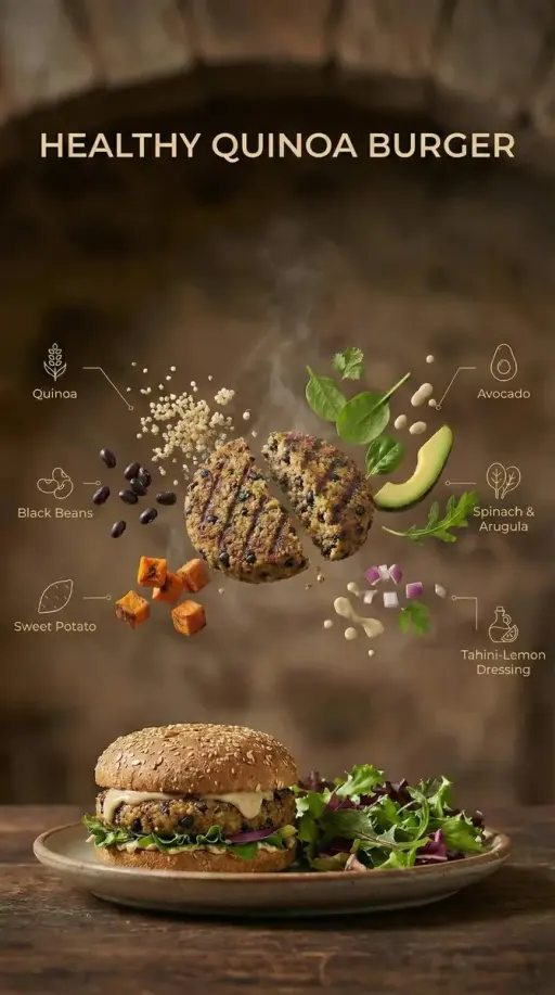 { "presentation": "접시 위 완성된 버거 위 공중에 떠 있는 분해된 폭발도", "burger_paddy": "그릴에 구운 퀴노아와...