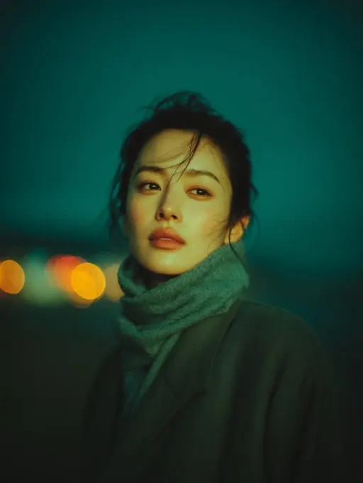 한 젊은 여성이 야외에 서 있는 영화 같은 야간 초상화, 주변 도시 불빛에 의해 부드럽게 비춰짐. 그녀는 두꺼운 울 스카프를 목에 감은 어두운...