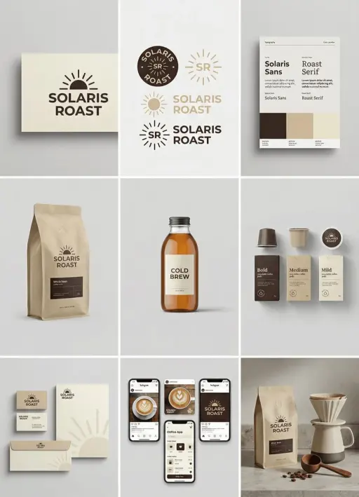 [brand name], 완전한 브랜드 아이덴티티 그리드, 3x3 레이아웃, 전체 일관된 브랜드 시스템을 보여주는 9개의 타일, 밝은 회색 심리...