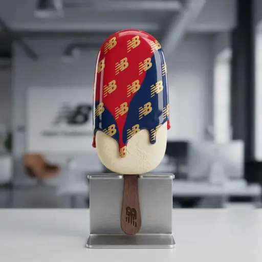 완벽한 수직, 초현실적인 3D 아이스크림 (팝시클) - [@ YOUR LOGO] 포함, 광택 있는 시그니처 색상의 글레이즈 위에 골드 로고 패턴...
