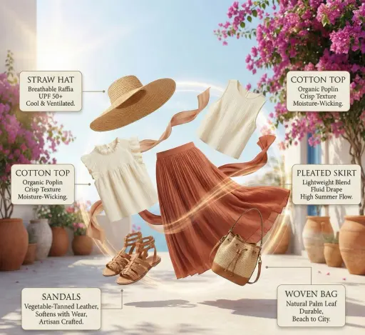 Infografica di outfit estivo di alta moda con elementi fluttuanti coordinati per...
