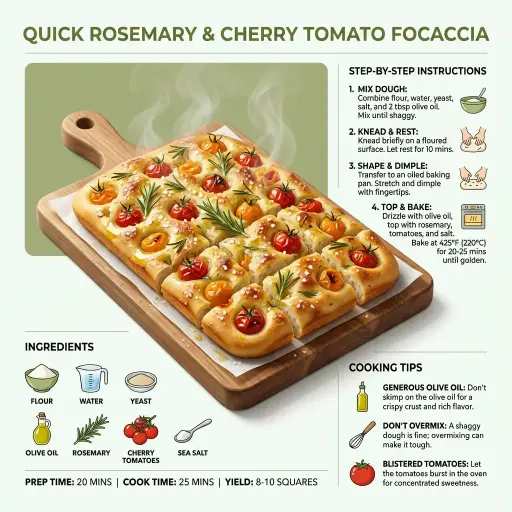 { "style": "ultra_clean_modern", "dish": "focaccia veloce al rosmarino e pomodor...