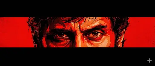 Un'opera d'arte in stile poster cinematografico con un intenso primo piano degli...
