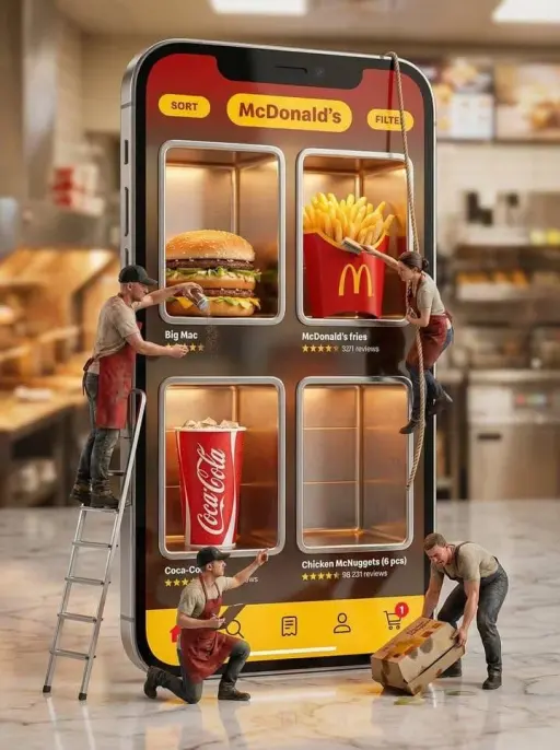Scena pubblicitaria creativa ultra-realistica che mostra uno smartphone gigante...