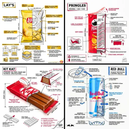 Crea un'infografica tecnica brandizzata di un [SNACK], combinando una fotografia...