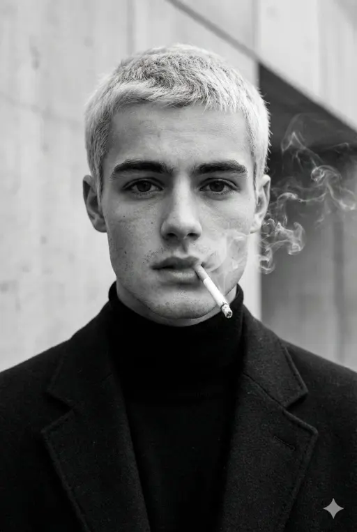 Ultra-realistic fashion black and white portrait of a man with short light hair,...